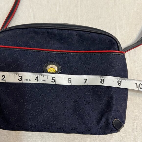 Vintage Gucci GG Monogram Navy Canvas Leather Crossbody Bag Red Trim Logo Italy - Picture 10 of 12